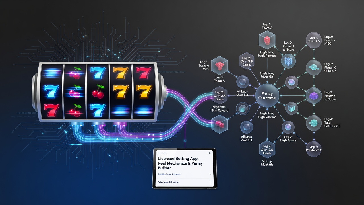High-volatility reel mechanics displayed alongside multi-leg parlay betting interfaces in a licensed application