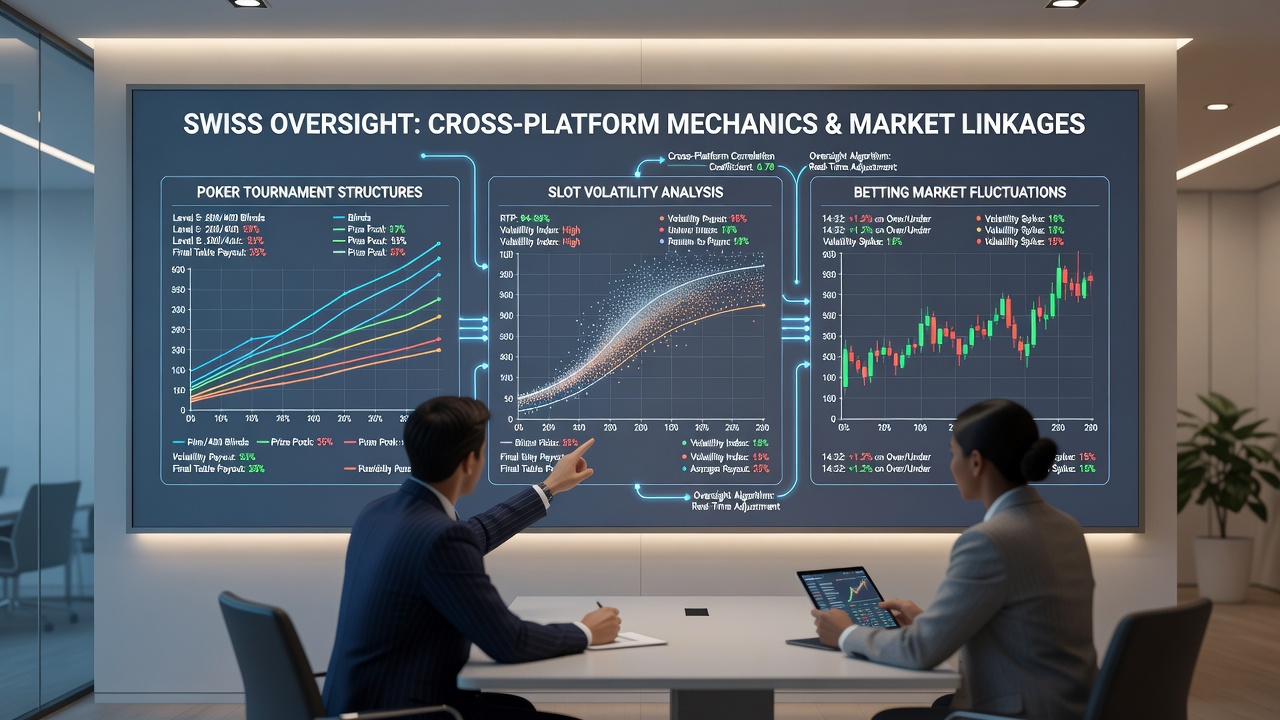 Swiss regulatory oversight dashboard displaying cross-platform data flows between poker tournaments, slot volatility metrics, and betting market indicators
